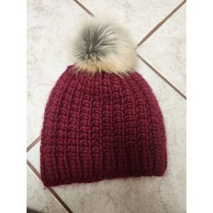 DeRoucheau Handmade 100% Wool Chunky Knit Beanie‎ Burgundy Faux Fur Pom Pom Hat